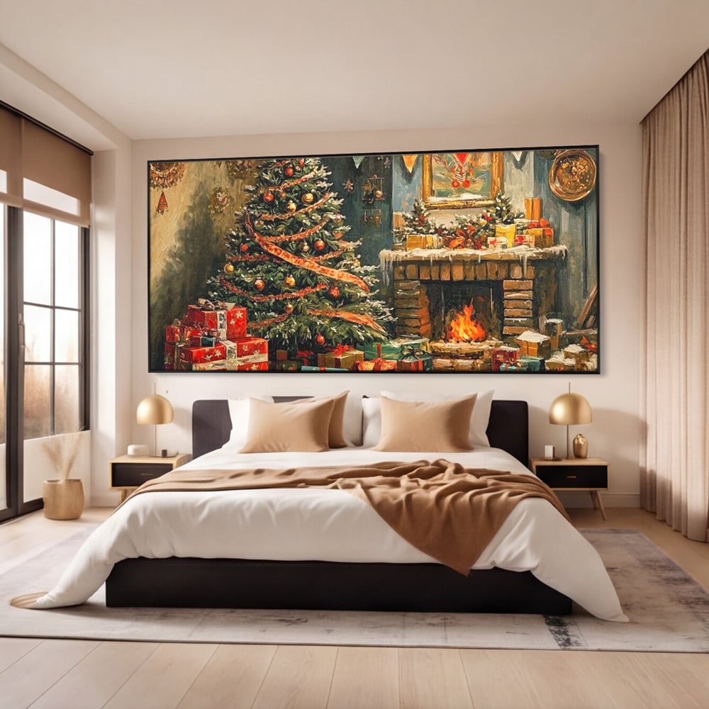 Tablou canvas cu pictura cu brad de craciun si semineu, in rama de aluminiu negru, pe perete intr-un dormitor